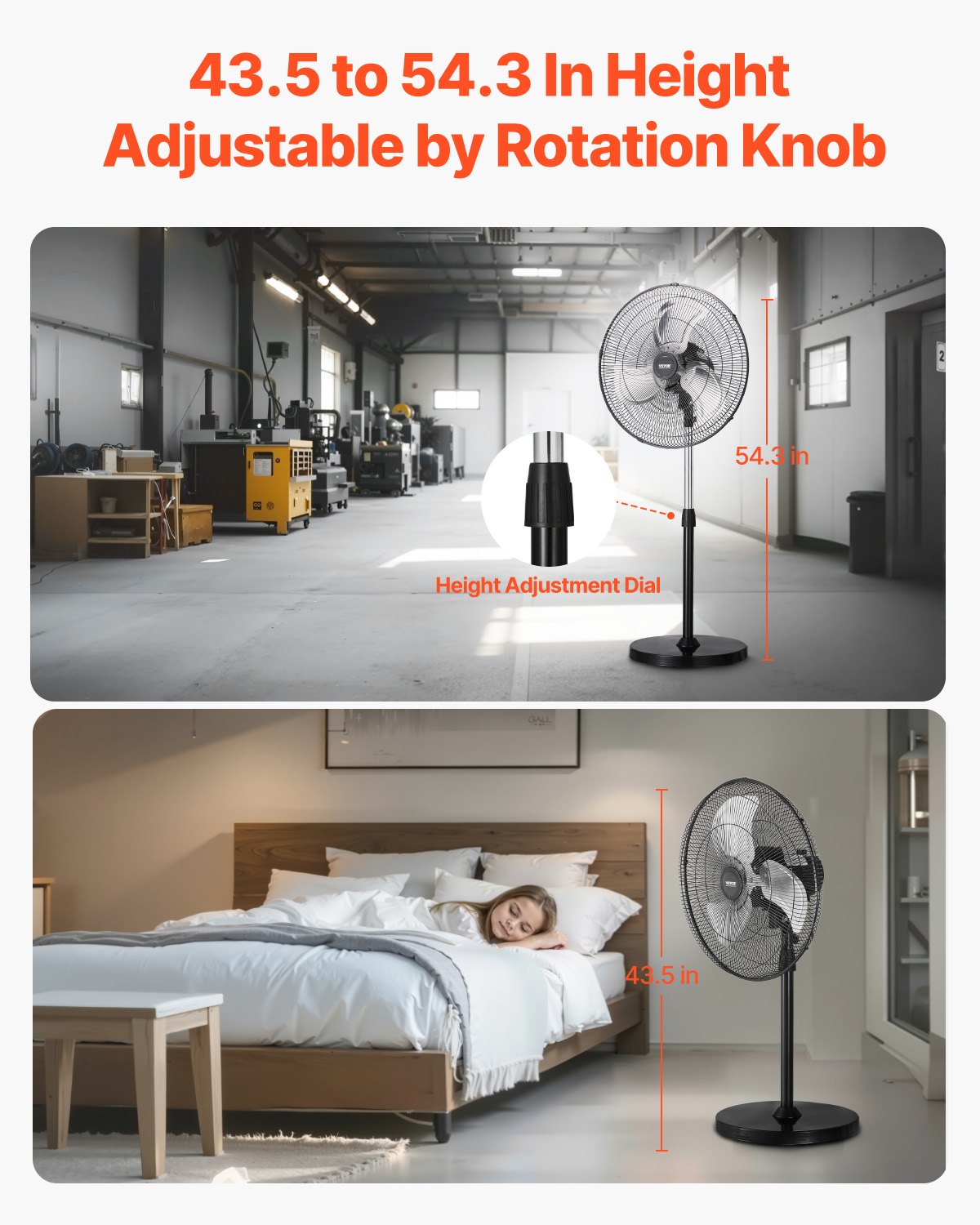 VEVOR 20" Industrial Pedestal Fan 3-Speed Oscillating Fan Height Adjustable 