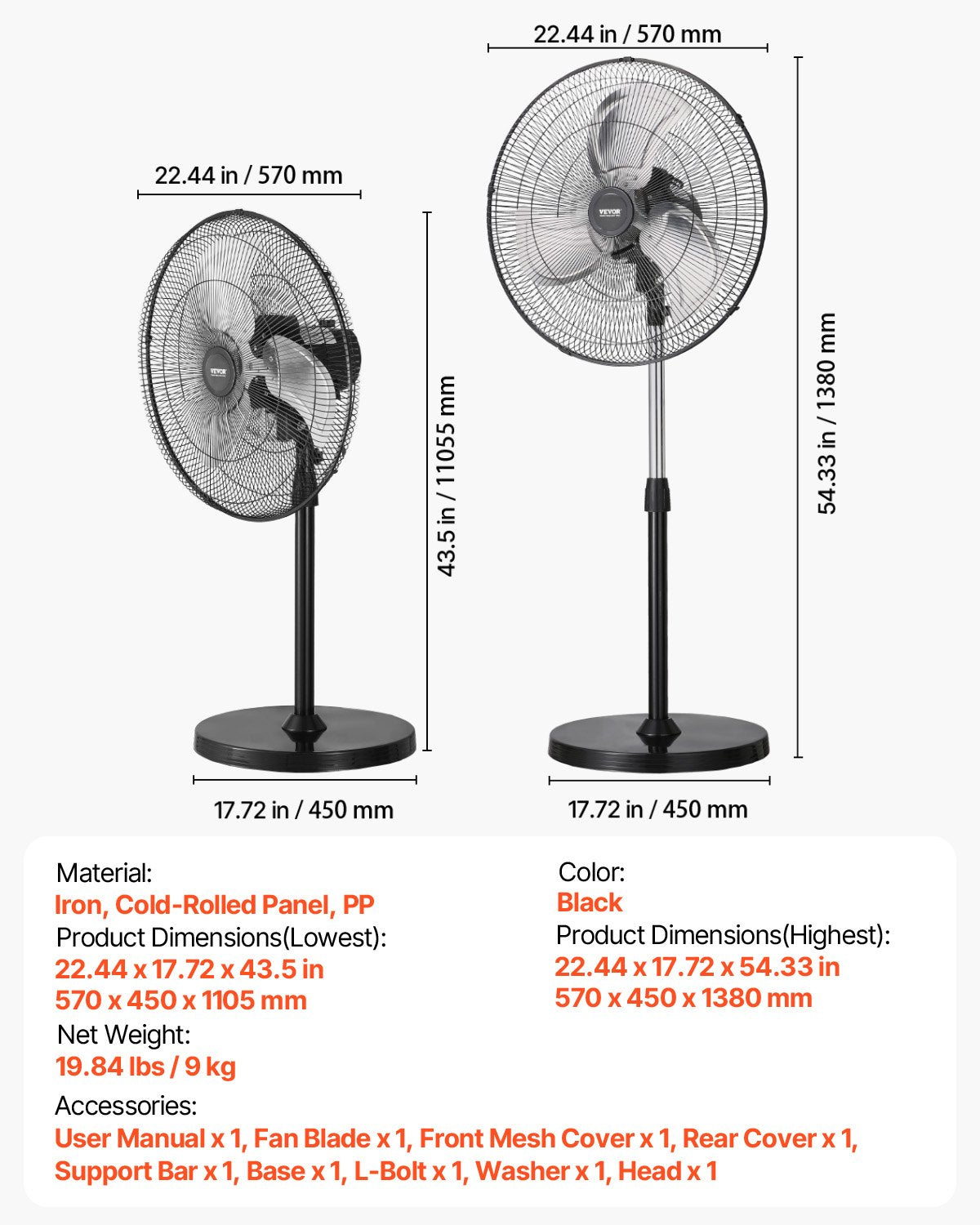 VEVOR 20" Industrial Pedestal Fan 3-Speed Oscillating Fan Height Adjustable 