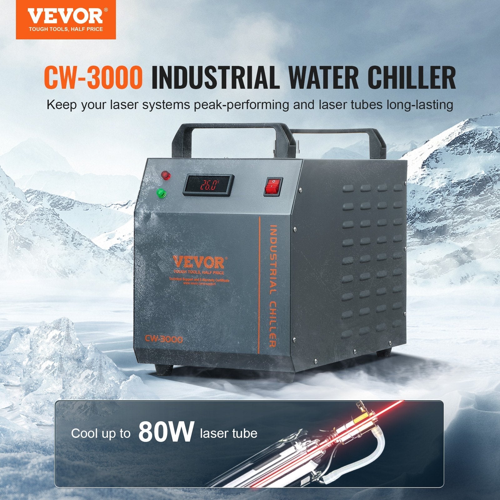 VEVOR Industrial Water Chiller, CW-3000, 80W Air-Cooled Industrial Water Cooler Cooling System with 12 L Water Tank Capacity 12 L/min Maximum Flow Rate, for Laser Engraving Machine Cooling Machine 