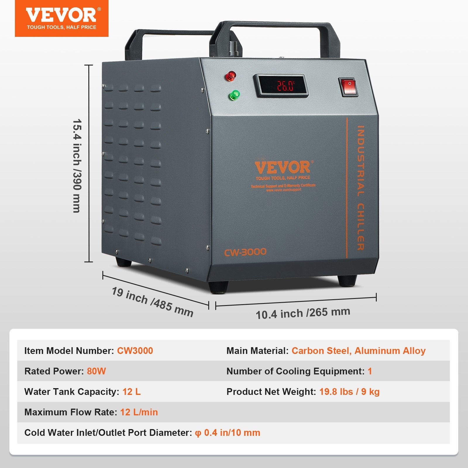 VEVOR Industrial Water Chiller, CW-3000, 80W Air-Cooled Industrial Water Cooler Cooling System with 12 L Water Tank Capacity 12 L/min Maximum Flow Rate, for Laser Engraving Machine Cooling Machine 