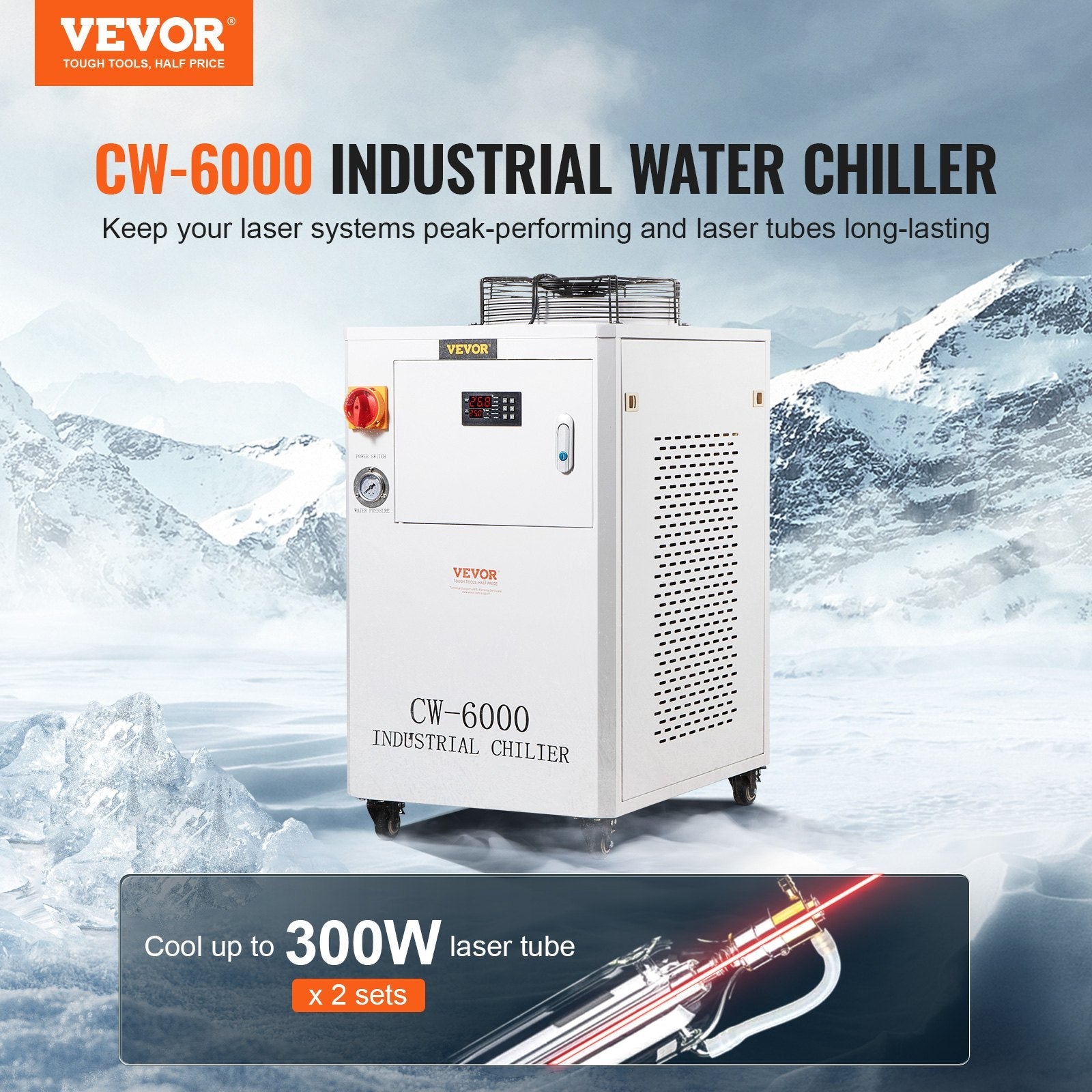 VEVOR Industrial Water Chiller, CW6000, 1500W Industrial Water Cooler Cooling System with Compressor 15L Water Tank Capacity 65 L/min Max Flow Rate, for CO2 Laser Engraving Machine Cooling Machine 