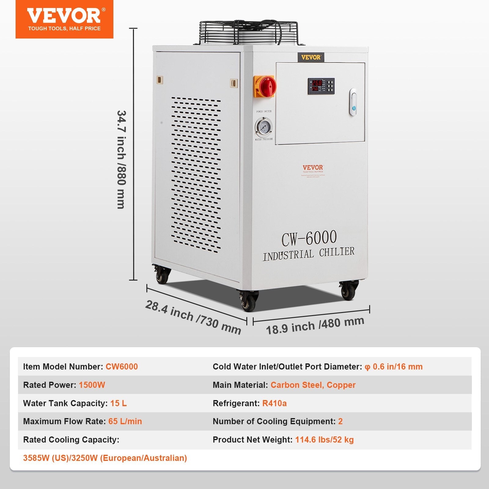 VEVOR Industrial Water Chiller, CW6000, 1500W Industrial Water Cooler Cooling System with Compressor 15L Water Tank Capacity 65 L/min Max Flow Rate, for CO2 Laser Engraving Machine Cooling Machine 
