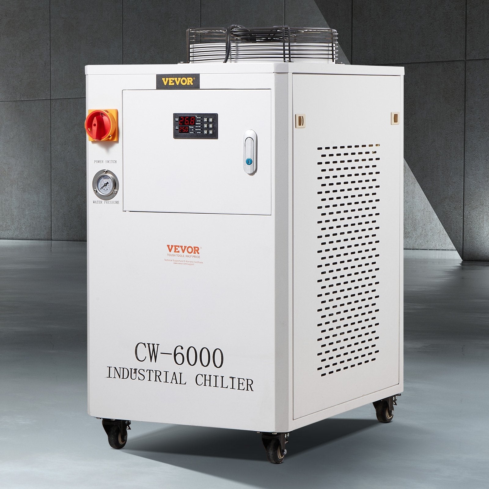 VEVOR Industrial Water Chiller, CW6000, 1500W Industrial Water Cooler Cooling System with Compressor 15L Water Tank Capacity 65 L/min Max Flow Rate, for CO2 Laser Engraving Machine Cooling Machine 