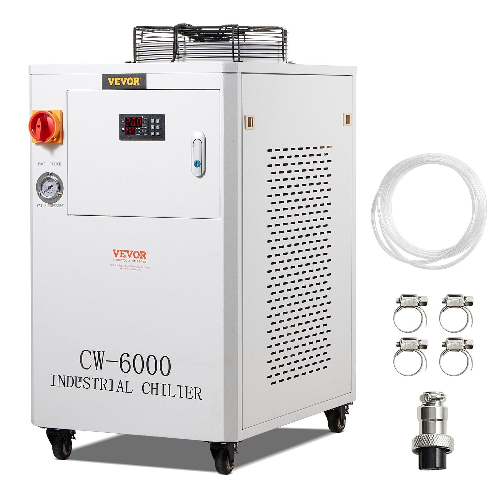 VEVOR Industrial Water Chiller, CW6000, 1500W Industrial Water Cooler Cooling System with Compressor 15L Water Tank Capacity 65 L/min Max Flow Rate, for CO2 Laser Engraving Machine Cooling Machine 