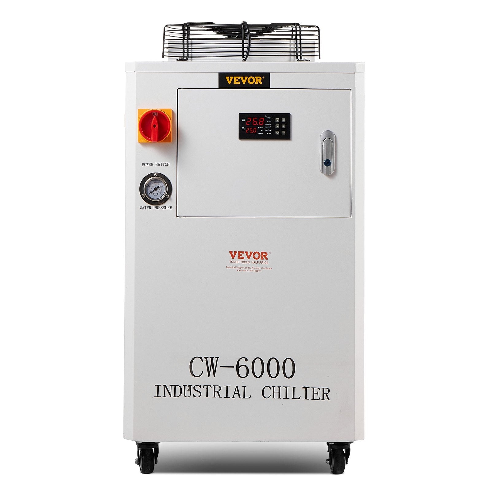 VEVOR Industrial Water Chiller, CW6000, 1500W Industrial Water Cooler Cooling System with Compressor 15L Water Tank Capacity 65 L/min Max Flow Rate, for CO2 Laser Engraving Machine Cooling Machine 