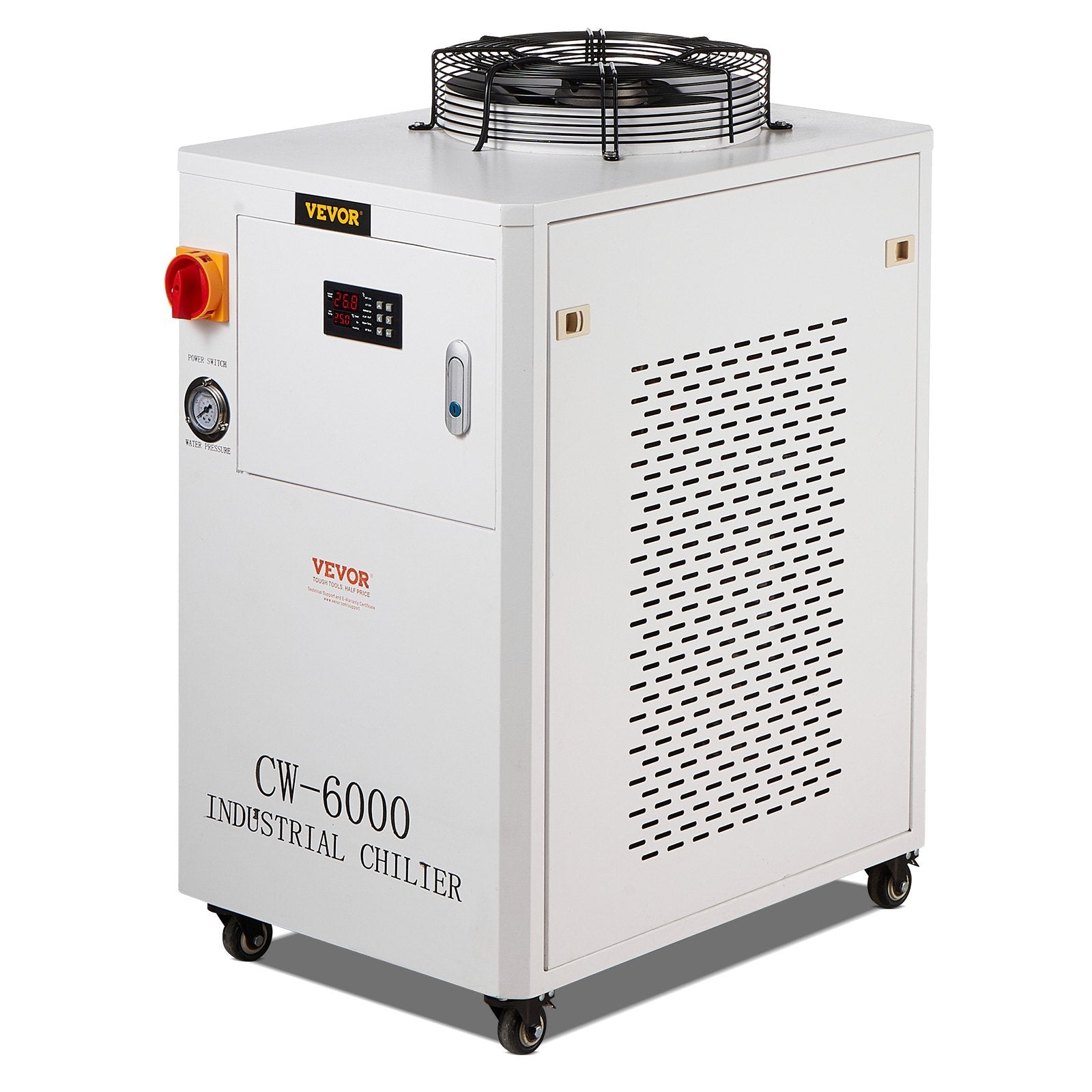 VEVOR Industrial Water Chiller, CW6000, 1500W Industrial Water Cooler Cooling System with Compressor 15L Water Tank Capacity 65 L/min Max Flow Rate, for CO2 Laser Engraving Machine Cooling Machine 