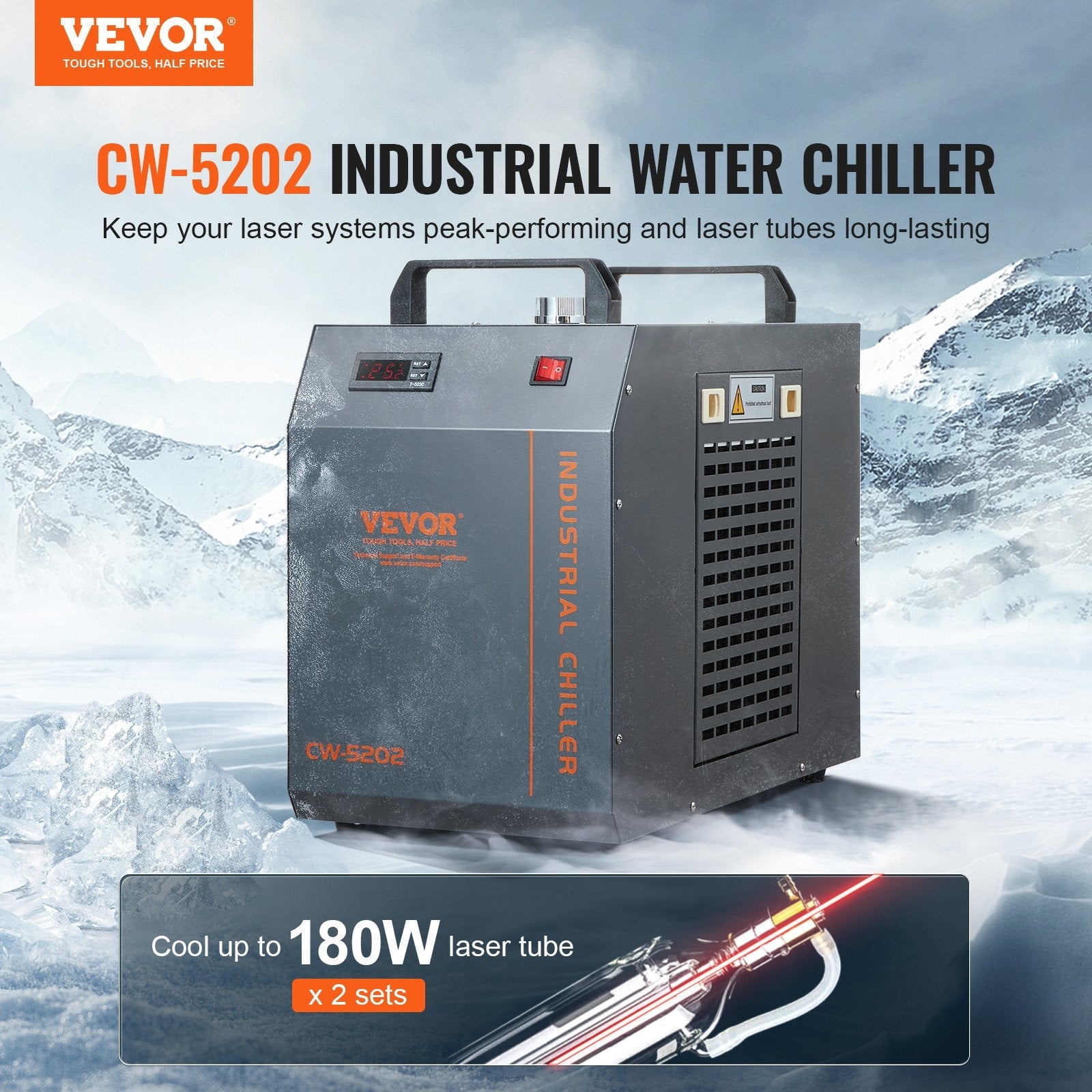 VEVOR Industrial Water Chiller, CW-5202, Industrial Water Cooler Cooling System with Built-in Compressor 7L Water Tank Capacity 18 L/min Max Flow Rate, for CO2 Laser Engraving Machine Cooling Machine 