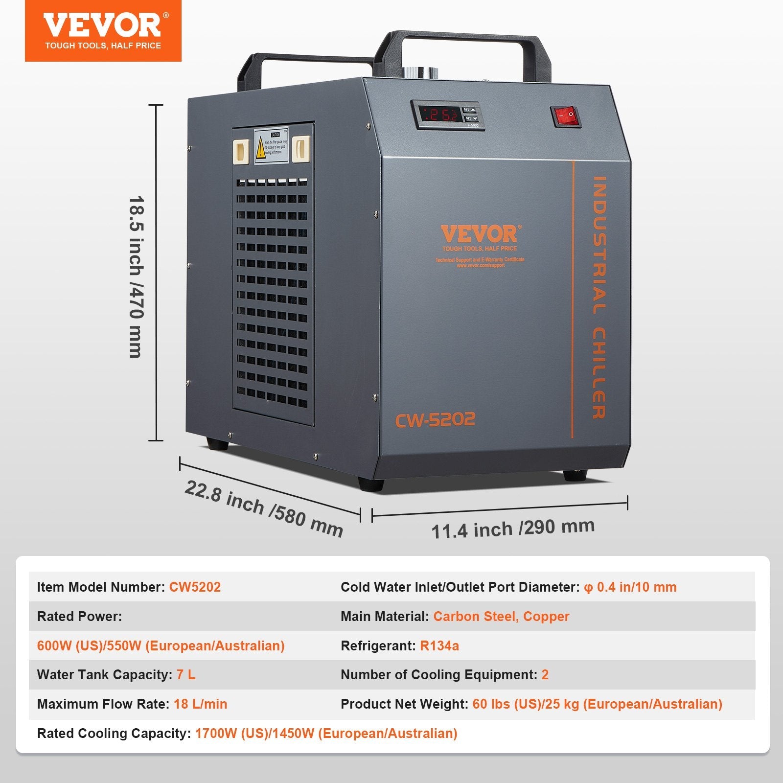 VEVOR Industrial Water Chiller, CW-5202, Industrial Water Cooler Cooling System with Built-in Compressor 7L Water Tank Capacity 18 L/min Max Flow Rate, for CO2 Laser Engraving Machine Cooling Machine 