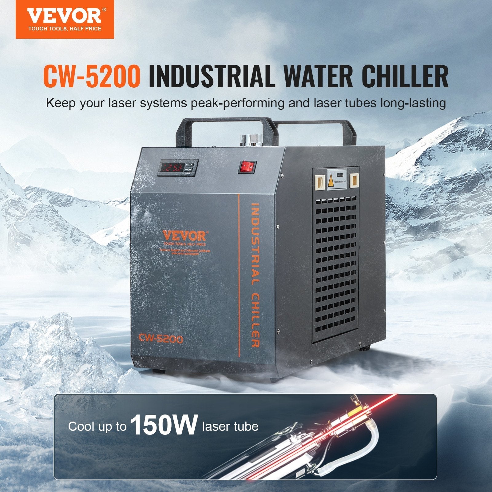 VEVOR Industrial Water Chiller, CW-5200, Industrial Water Cooler Cooling System with Built-in Compressor 7L Water Tank Capacity 13 L/min Max Flow Rate, for CO2 Laser Engraving Machine Cooling Machine 