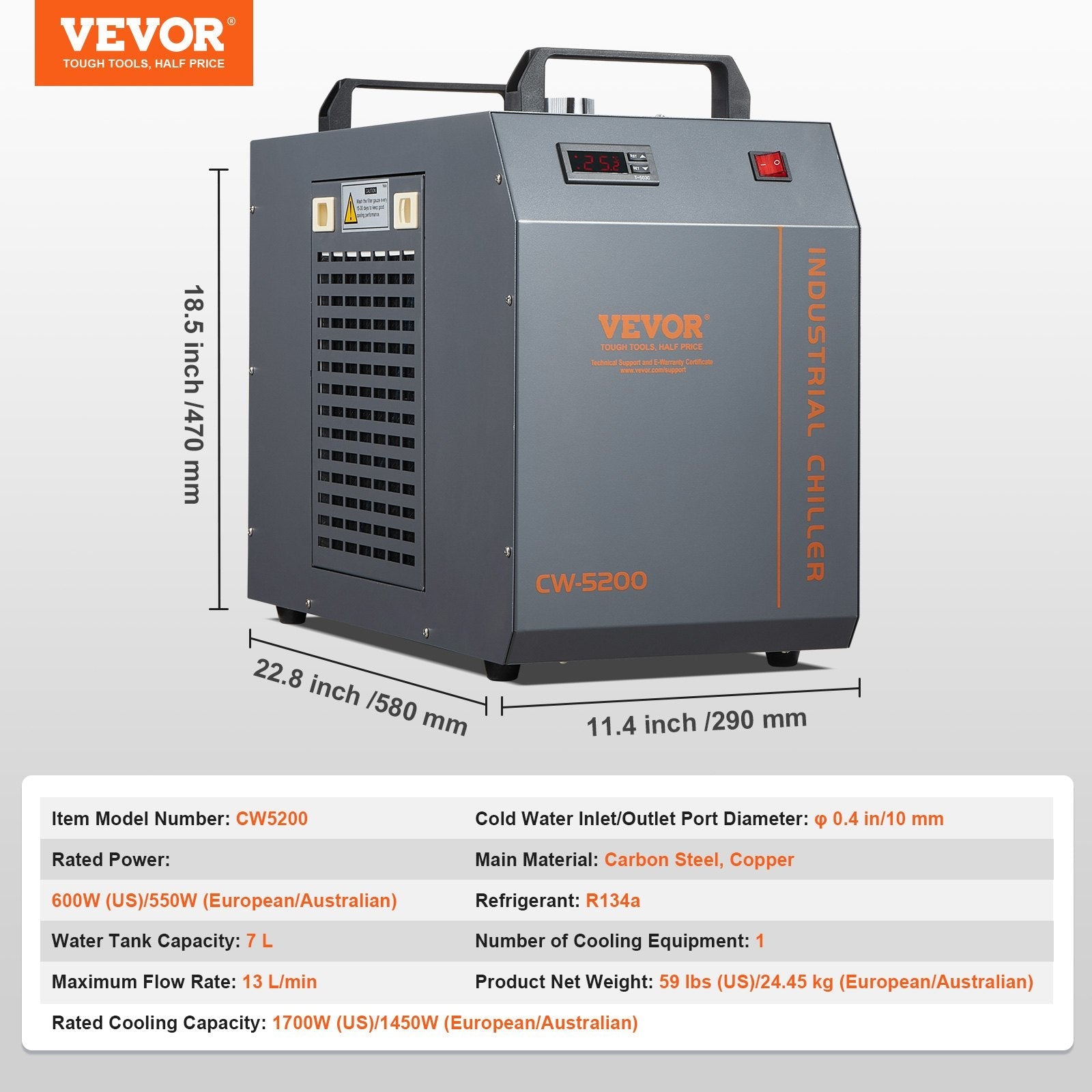 VEVOR Industrial Water Chiller, CW-5200, Industrial Water Cooler Cooling System with Built-in Compressor 7L Water Tank Capacity 13 L/min Max Flow Rate, for CO2 Laser Engraving Machine Cooling Machine 