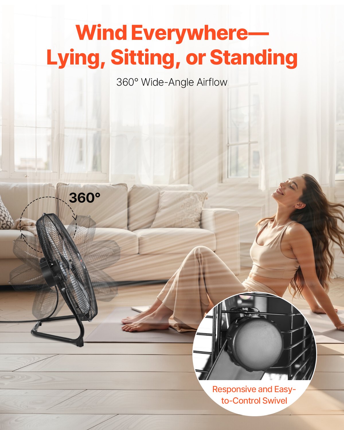 VEVOR 18 In Floor Fan 3 Speed 360° Adjustable Tilt High-Velocity Industrial Fan 