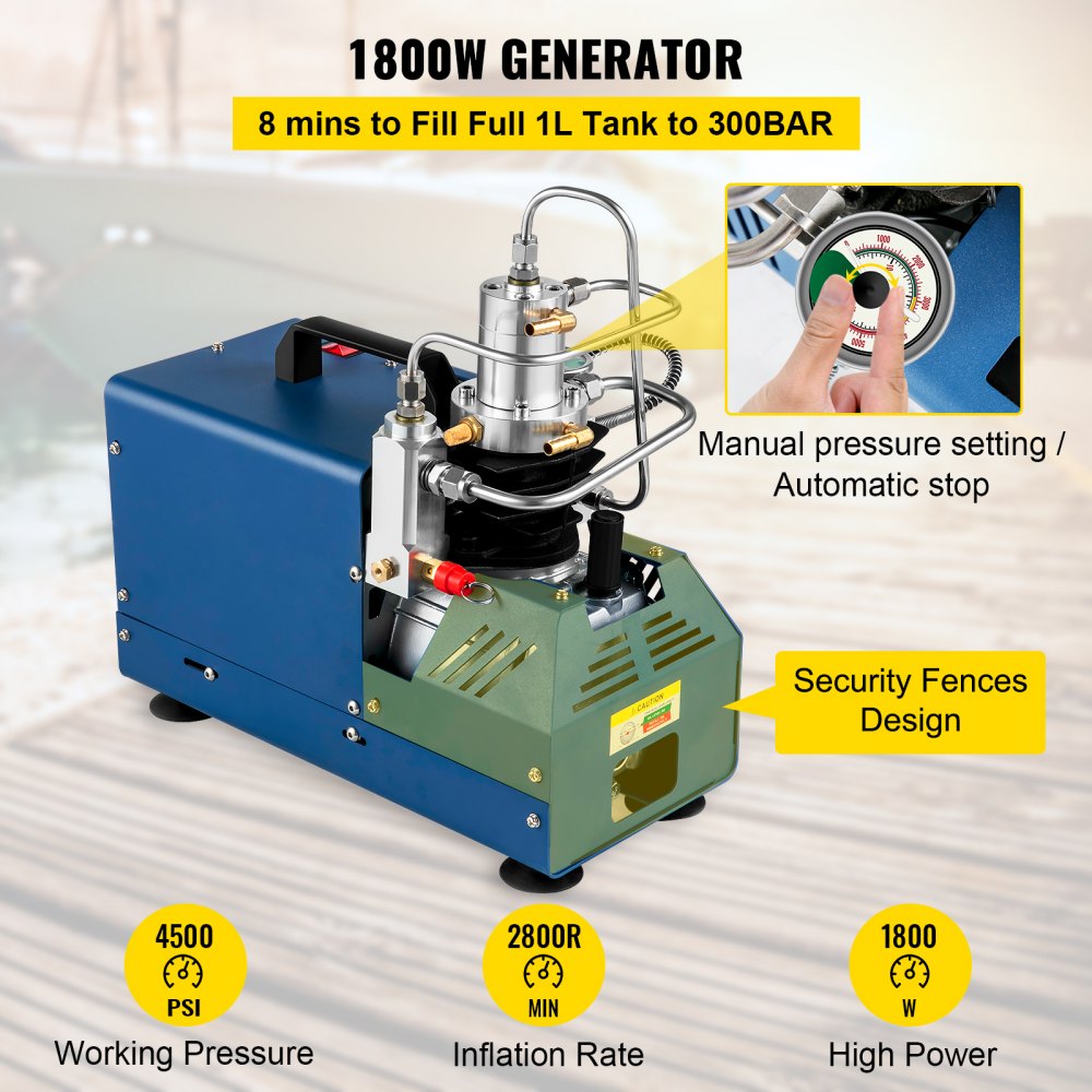 VEVOR High Pressure Compressor, 4500PSI/30MPA/300BAR High Pressure Air Compressor, 1800W 110V Automatic Stop Air Rifle Compressor Suitable for Paintball Air Rifle, PCP Rifle, Air Pistol, Diving Bottle 