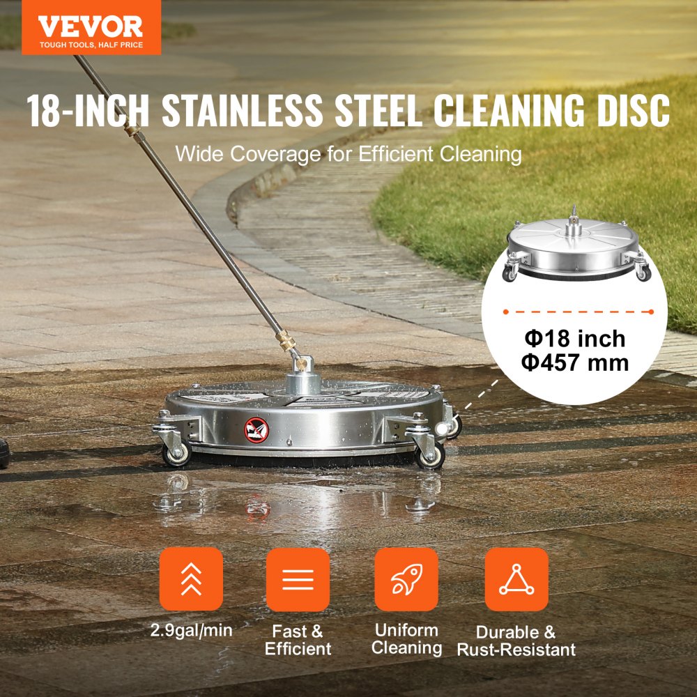 VEVOR 18" Pressure Washer Surface Cleaner w/ Wheels, Stainless Steel Concrete Cleaner 4000 Max PSI , 1/4" Quick-Connect Connector w/ 2 Extension Wand, Heavy Duty Power Washer For Floor Driveway, Patio 