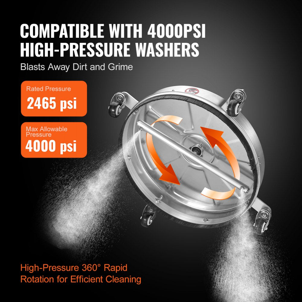 VEVOR 18" Pressure Washer Surface Cleaner w/ Wheels, Stainless Steel Concrete Cleaner 4000 Max PSI , 1/4" Quick-Connect Connector w/ 2 Extension Wand, Heavy Duty Power Washer For Floor Driveway, Patio 