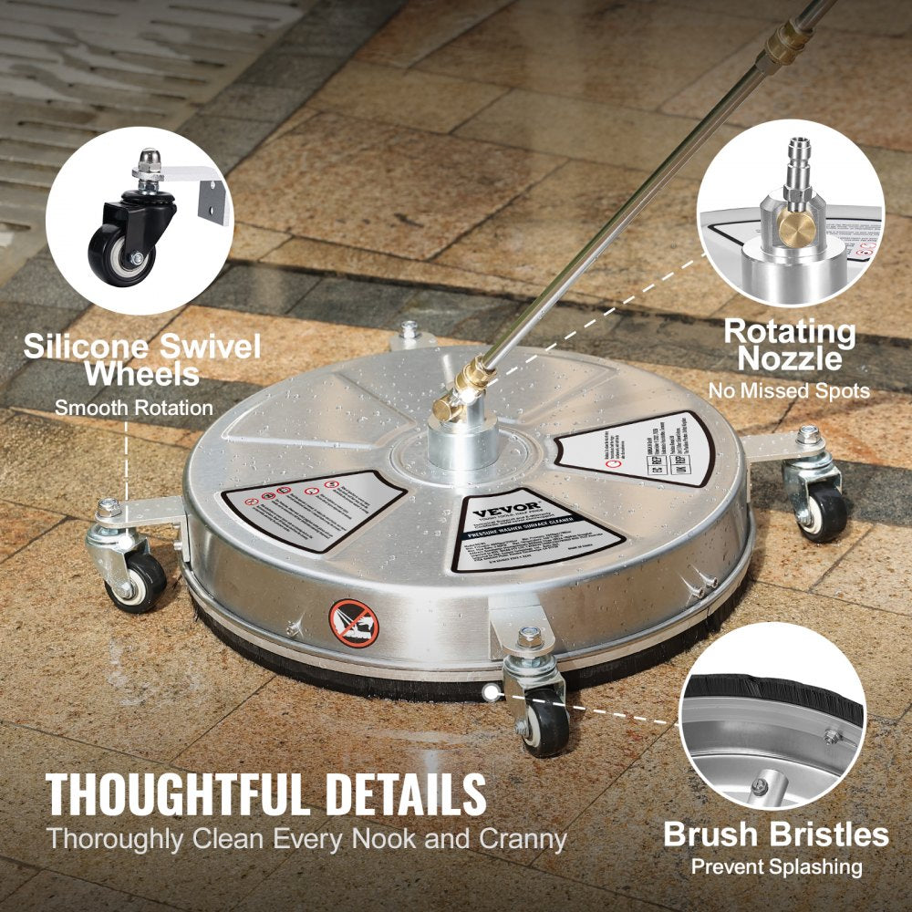 VEVOR 18" Pressure Washer Surface Cleaner w/ Wheels, Stainless Steel Concrete Cleaner 4000 Max PSI , 1/4" Quick-Connect Connector w/ 2 Extension Wand, Heavy Duty Power Washer For Floor Driveway, Patio 