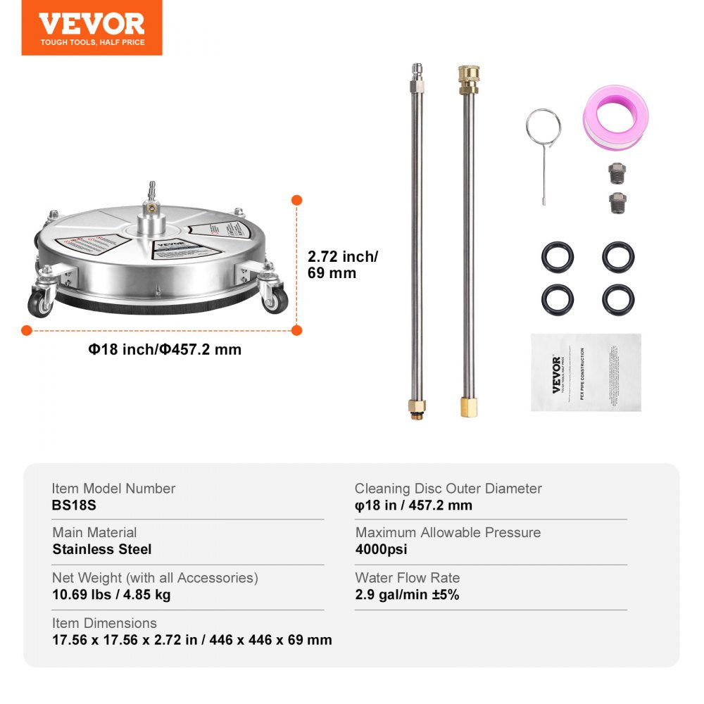 VEVOR 18" Pressure Washer Surface Cleaner w/ Wheels, Stainless Steel Concrete Cleaner 4000 Max PSI , 1/4" Quick-Connect Connector w/ 2 Extension Wand, Heavy Duty Power Washer For Floor Driveway, Patio 