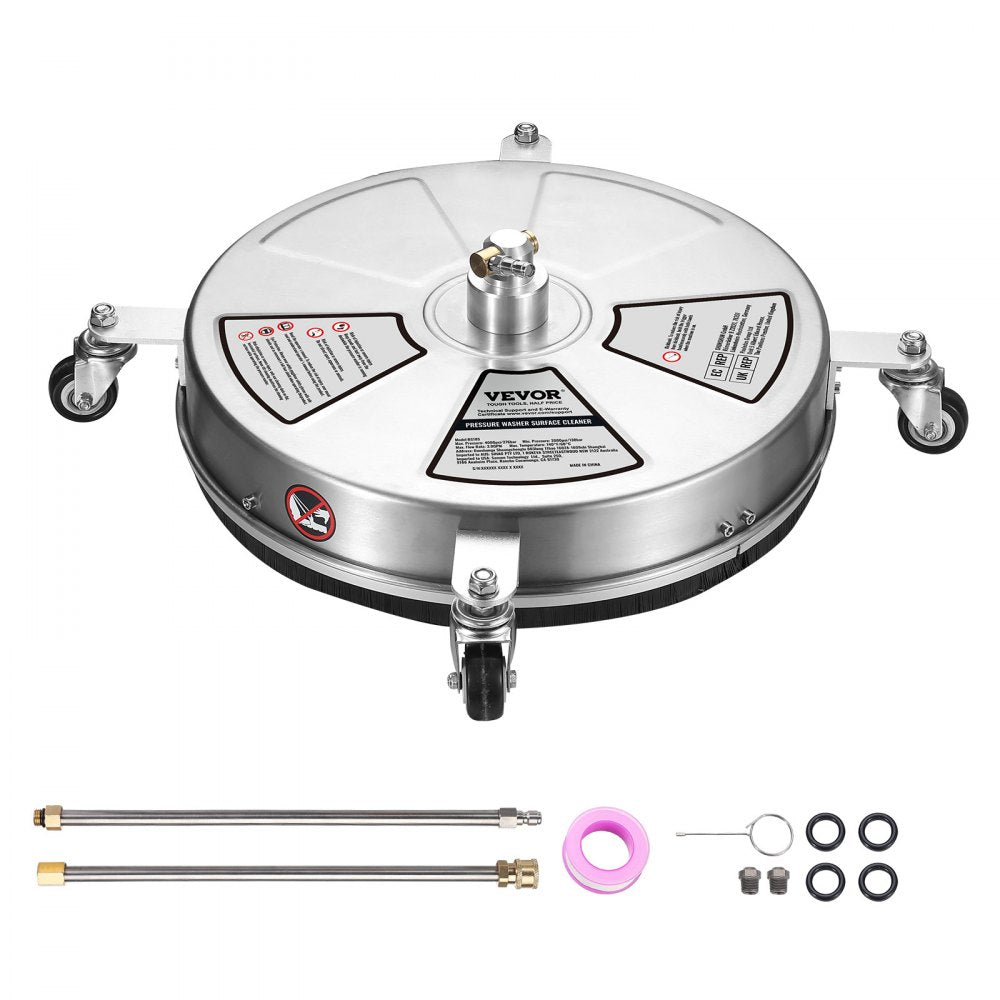 VEVOR 18" Pressure Washer Surface Cleaner w/ Wheels, Stainless Steel Concrete Cleaner 4000 Max PSI , 1/4" Quick-Connect Connector w/ 2 Extension Wand, Heavy Duty Power Washer For Floor Driveway, Patio 