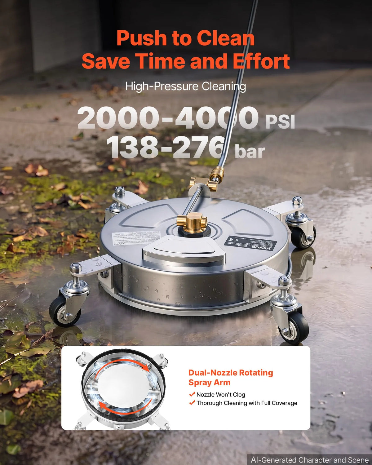 13" Stainless Steel Pressure Washer Surface Cleaner with Wheels