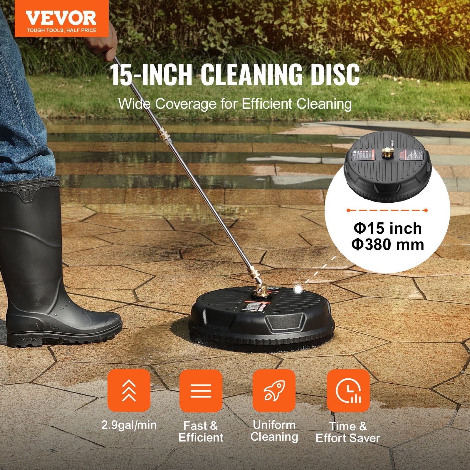 VEVOR Universal 15" Pressure Washer Surface Cleaner, Pressure Washer Attachment 4000 Max PSI, 1/4" Quick-Connect Connector Concrete Cleaner, Heavy Duty Power Washer for Floor Driveway, Patio,Sidewalk 