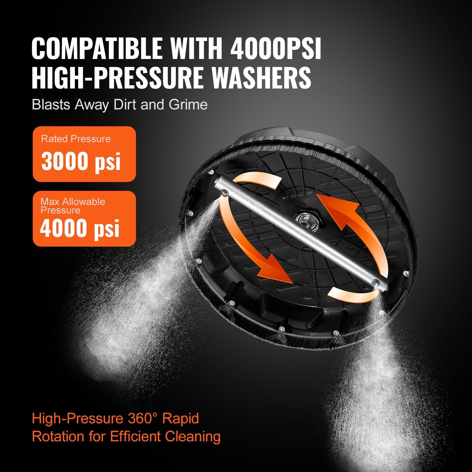 VEVOR Universal 15" Pressure Washer Surface Cleaner, Pressure Washer Attachment 4000 Max PSI, 1/4" Quick-Connect Connector Concrete Cleaner, Heavy Duty Power Washer for Floor Driveway, Patio,Sidewalk 
