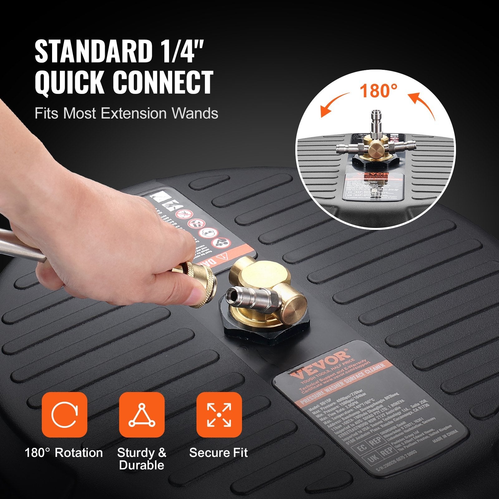 VEVOR Universal 15" Pressure Washer Surface Cleaner, Pressure Washer Attachment 4000 Max PSI, 1/4" Quick-Connect Connector Concrete Cleaner, Heavy Duty Power Washer for Floor Driveway, Patio,Sidewalk 