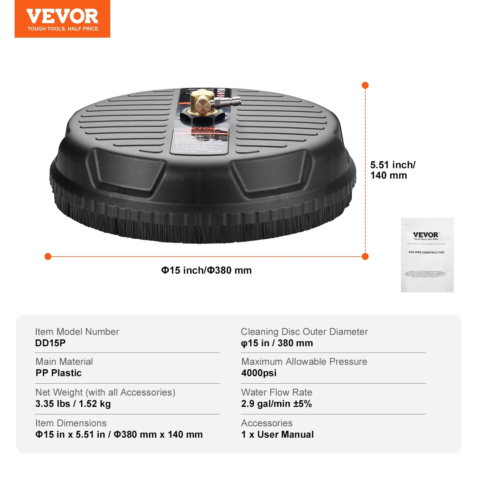 VEVOR Universal 15" Pressure Washer Surface Cleaner, Pressure Washer Attachment 4000 Max PSI, 1/4" Quick-Connect Connector Concrete Cleaner, Heavy Duty Power Washer for Floor Driveway, Patio,Sidewalk 