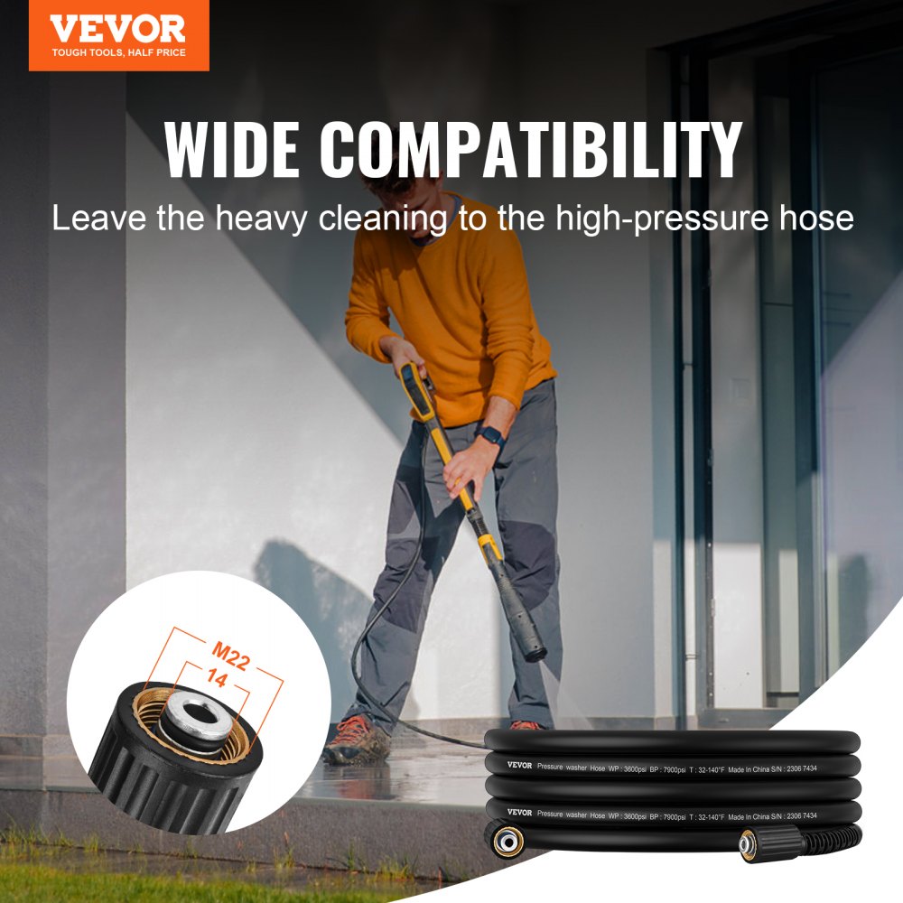 VEVOR Pressure Washer Hose, 25 FT, 1/4" Kink Free M22-14mm Brass Thread Replacement For Most Brand Pressure Washers, 3/4'' Bending Radius, 3600 PSI Heavy Duty Power Washer Extension Replacement Hose 