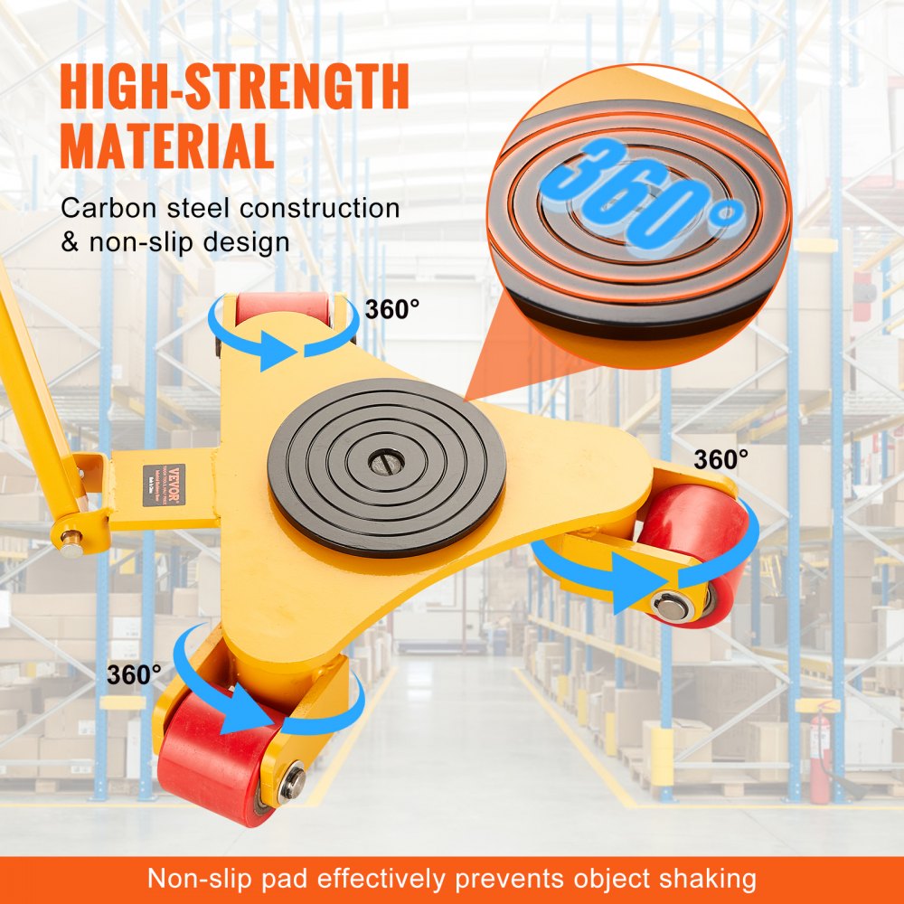 VEVOR Machinery Skate Dolly, 6614 LBS/3T Industrial Machinery Mover with Handle, Carbon Steel Machinery Moving Skate with 3 360° Swivel PU Wheels, 360° Rotation Non-Slip Cap for Warehouse, Workshop 