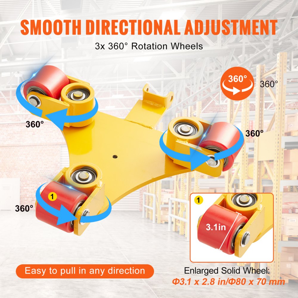 VEVOR Machinery Skate Dolly, 6614 LBS/3T Industrial Machinery Mover with Handle, Carbon Steel Machinery Moving Skate with 3 360° Swivel PU Wheels, 360° Rotation Non-Slip Cap for Warehouse, Workshop 