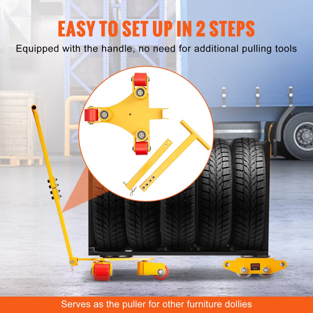 VEVOR Machinery Skate Dolly, 6614 LBS/3T Industrial Machinery Mover with Handle, Carbon Steel Machinery Moving Skate with 3 360° Swivel PU Wheels, 360° Rotation Non-Slip Cap for Warehouse, Workshop 