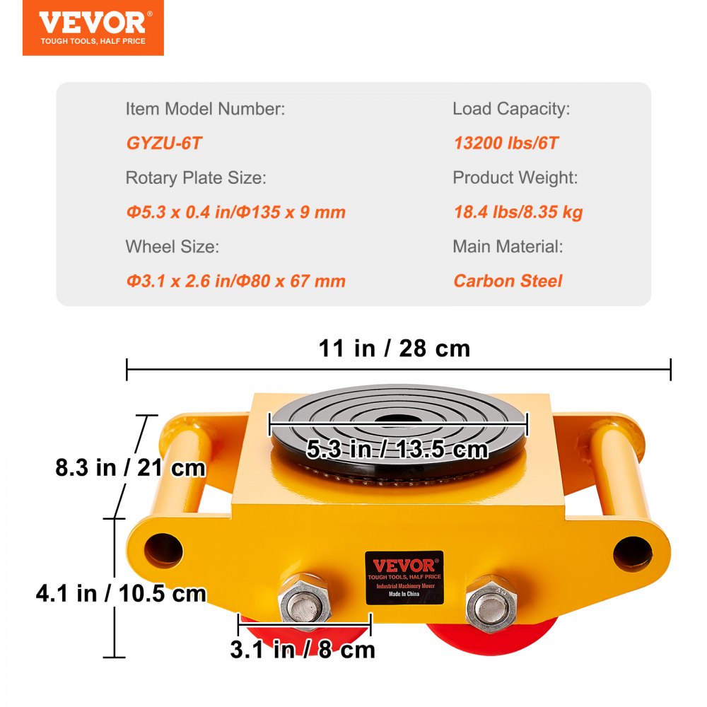 VEVOR Machinery Skate Dolly, 13,200 LBS/6T Industrial Machinery Mover, Heavy Duty Carbon Steel Machinery Moving Skate with 4 PU Wheels and 360° Rotation Non-Slip Cap for Warehouse, Workshop, Factory 