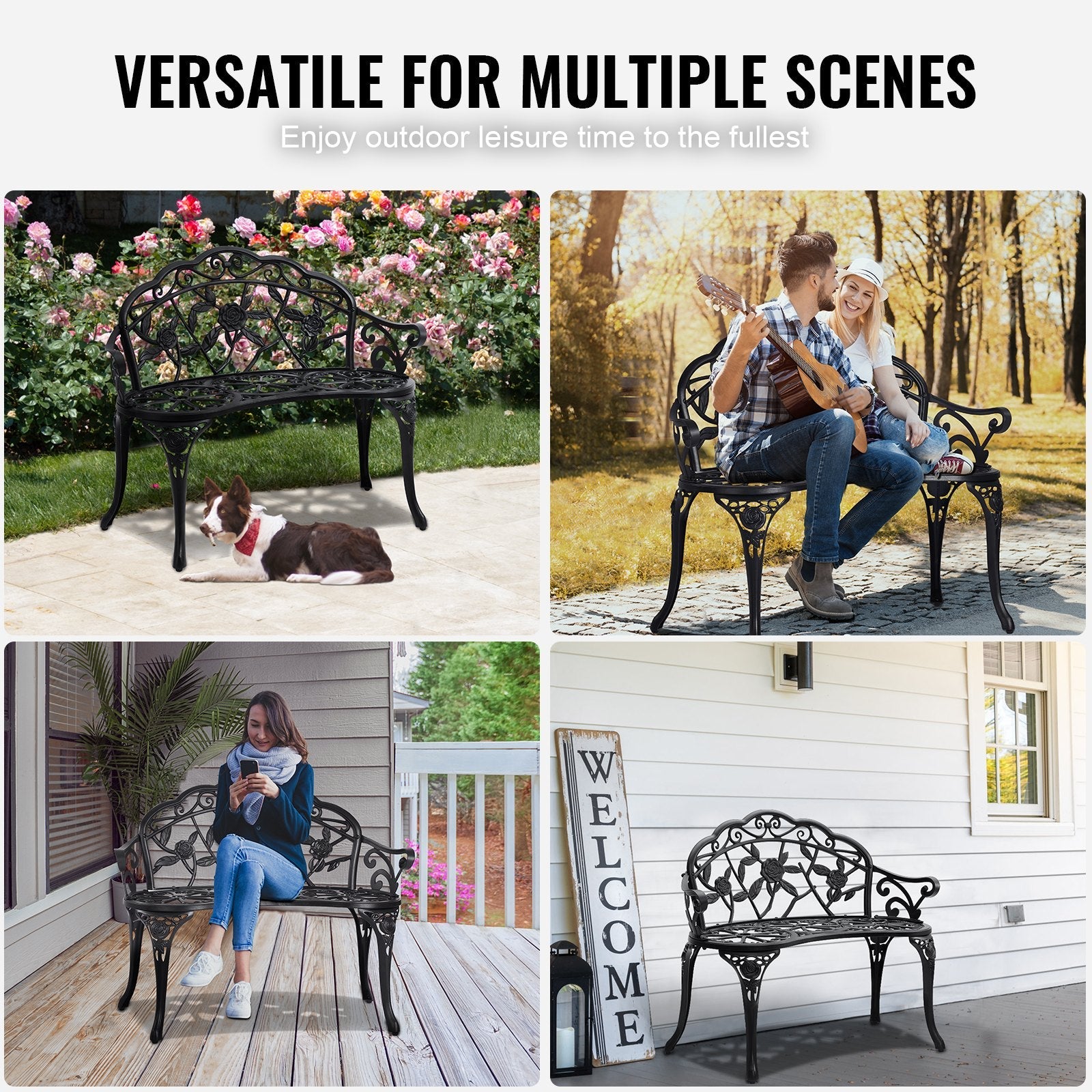 VEVOR Outdoor Bench, 38.8 inches Metal Garden Bench for Outdoors, 480 lbs Load Capacity Bench, Outdoor Garden Park Bench with Backrest and Armrests, Patio Bench for Garden, Park, Yard, Front Porch 