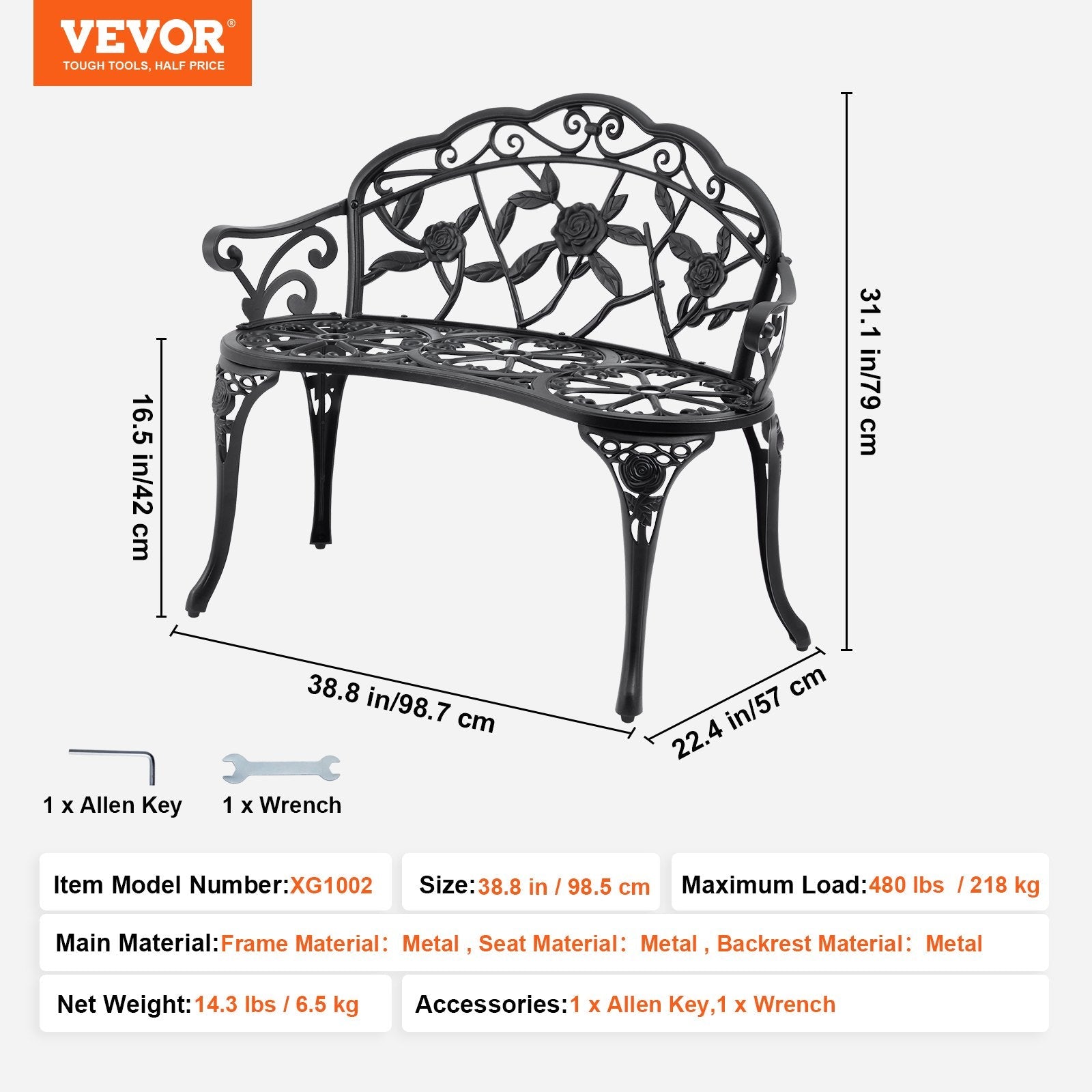 VEVOR Outdoor Bench, 38.8 inches Metal Garden Bench for Outdoors, 480 lbs Load Capacity Bench, Outdoor Garden Park Bench with Backrest and Armrests, Patio Bench for Garden, Park, Yard, Front Porch 