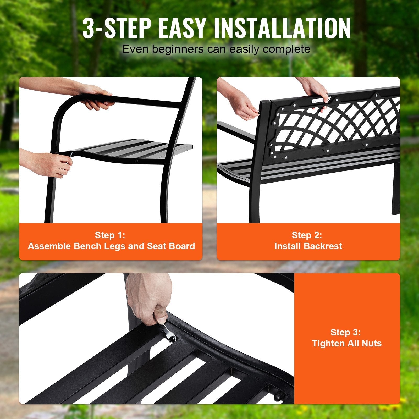 VEVOR Outdoor Bench, 46 inches Metal Garden Bench for Outdoors, 480 lbs Load Capacity Bench, Outdoor Garden Park Bench with Backrest and Armrests, Patio Bench for Garden, Park, Yard, Front Porch 