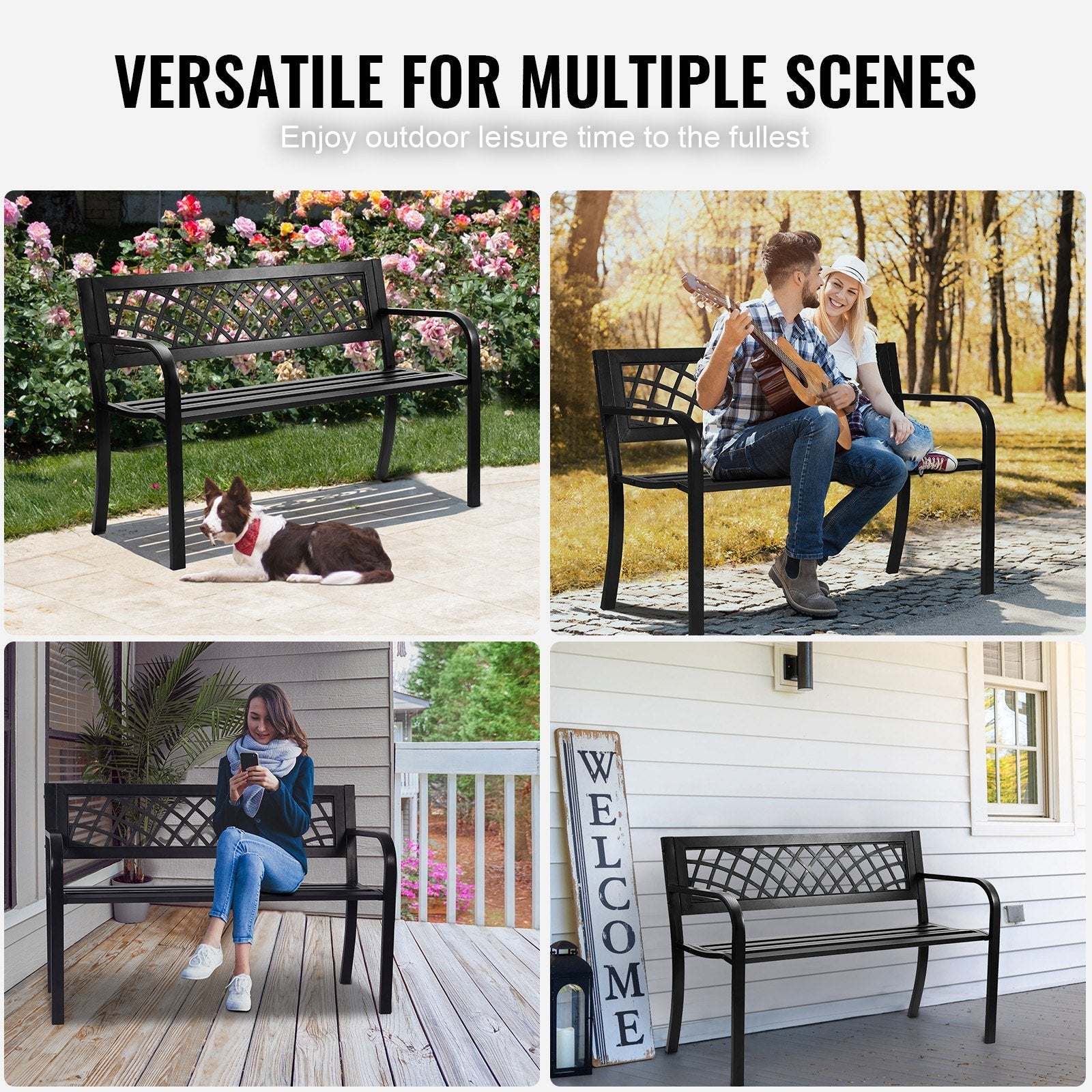VEVOR Outdoor Bench, 46 inches Metal Garden Bench for Outdoors, 480 lbs Load Capacity Bench, Outdoor Garden Park Bench with Backrest and Armrests, Patio Bench for Garden, Park, Yard, Front Porch 