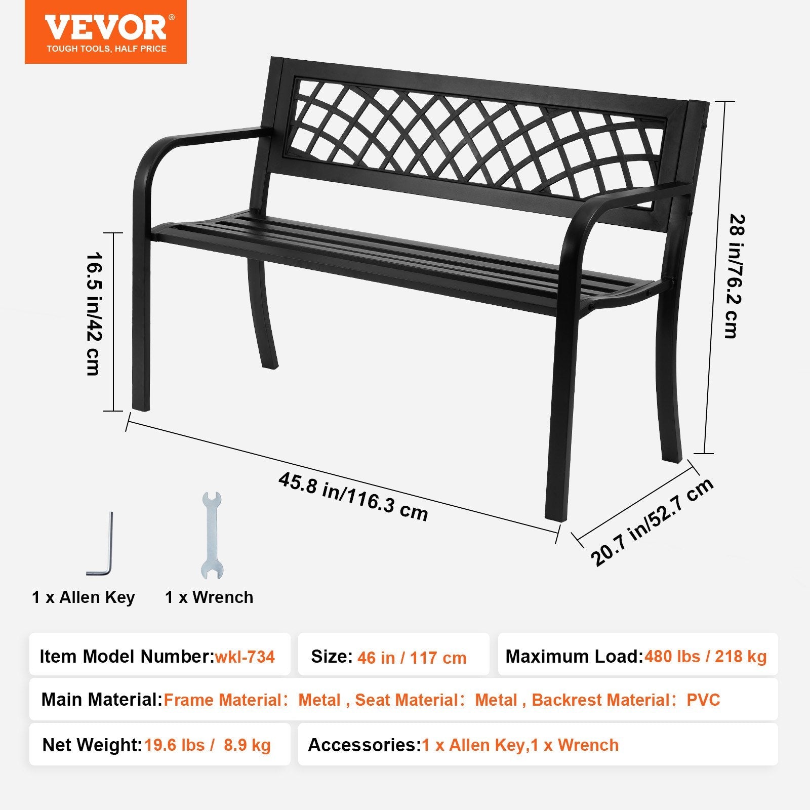 VEVOR Outdoor Bench, 46 inches Metal Garden Bench for Outdoors, 480 lbs Load Capacity Bench, Outdoor Garden Park Bench with Backrest and Armrests, Patio Bench for Garden, Park, Yard, Front Porch 