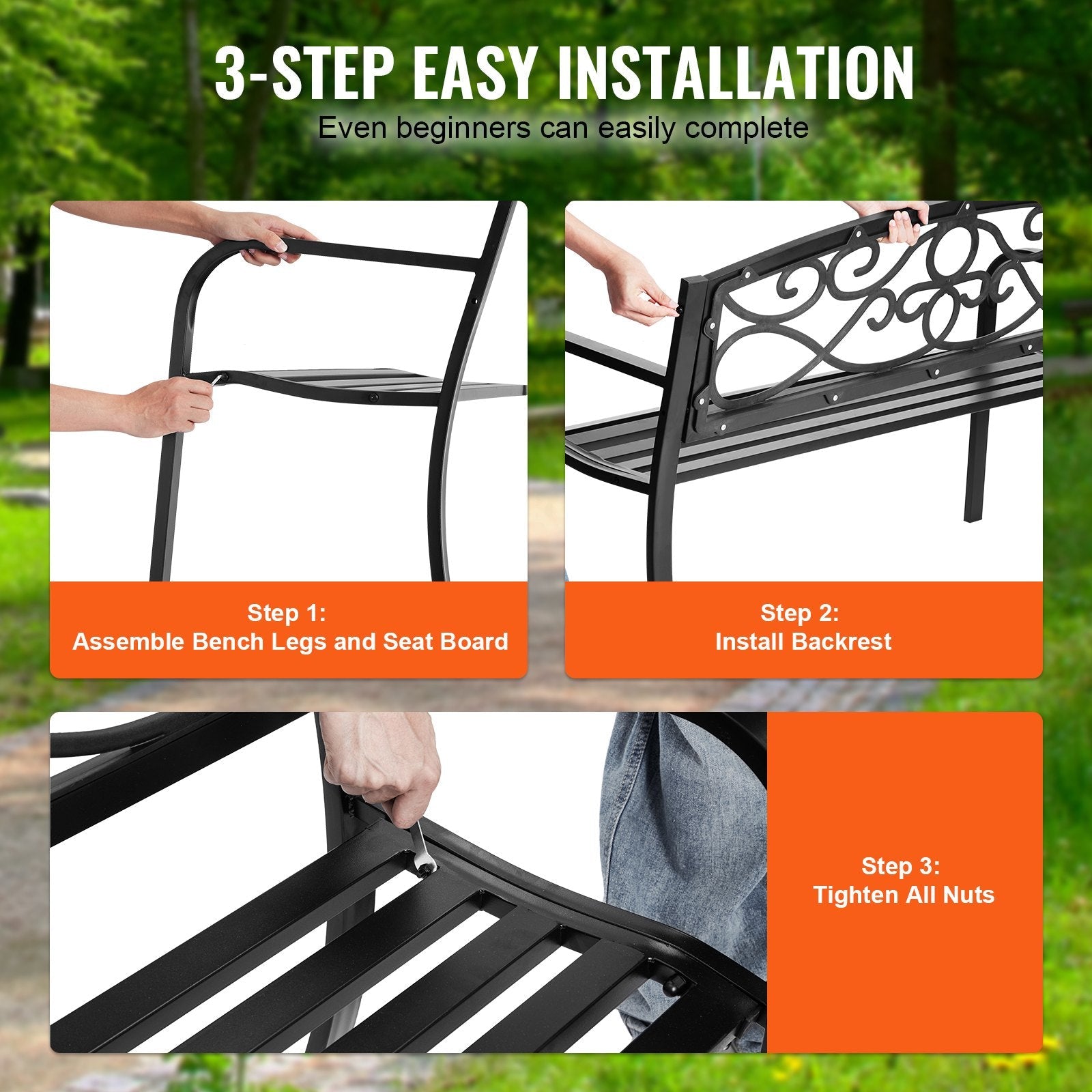 VEVOR Outdoor Bench, 50 inches Metal Garden Bench for Outdoors, 550 lbs Load Capacity Bench, Outdoor Garden Park Bench with Backrest and Armrests, Patio Bench for Garden, Park, Yard, Front Porch 
