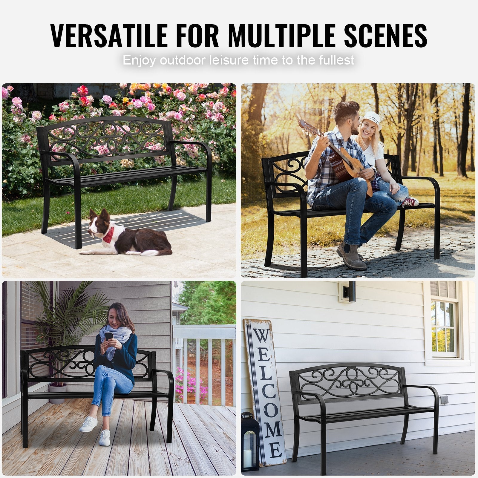 VEVOR Outdoor Bench, 50 inches Metal Garden Bench for Outdoors, 550 lbs Load Capacity Bench, Outdoor Garden Park Bench with Backrest and Armrests, Patio Bench for Garden, Park, Yard, Front Porch 
