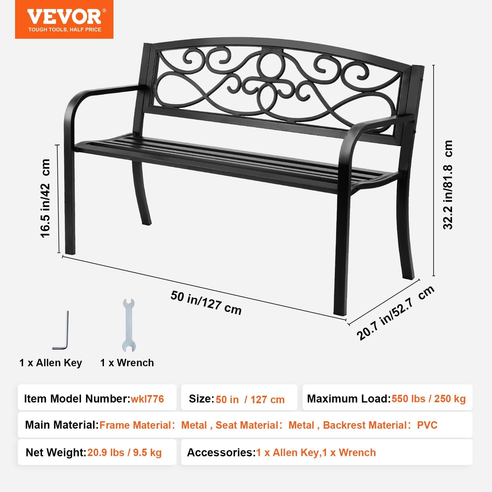 VEVOR Outdoor Bench, 50 inches Metal Garden Bench for Outdoors, 550 lbs Load Capacity Bench, Outdoor Garden Park Bench with Backrest and Armrests, Patio Bench for Garden, Park, Yard, Front Porch 