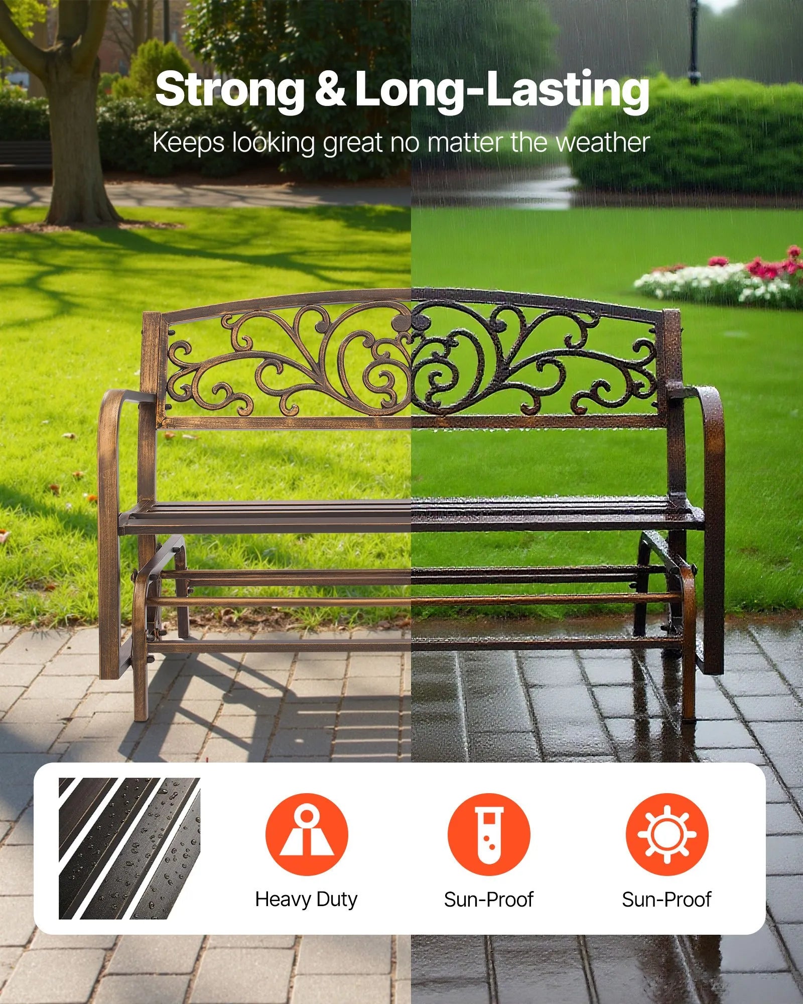 50" Outdoor Glider Bench, Antique Bronze Patio Bench with Cast Iron Backrest & Steel Frame