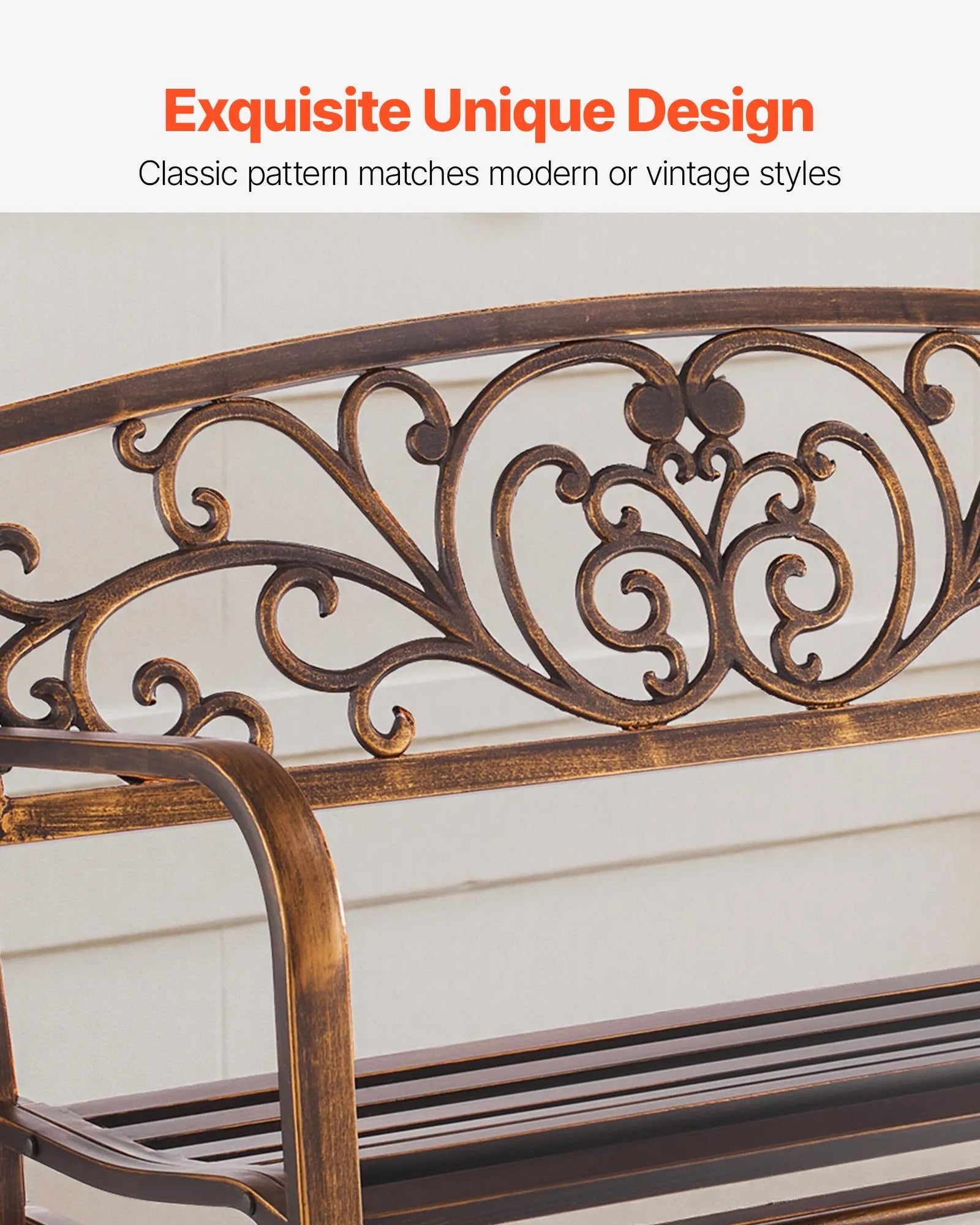 50" Outdoor Glider Bench, Antique Bronze Patio Bench with Cast Iron Backrest & Steel Frame