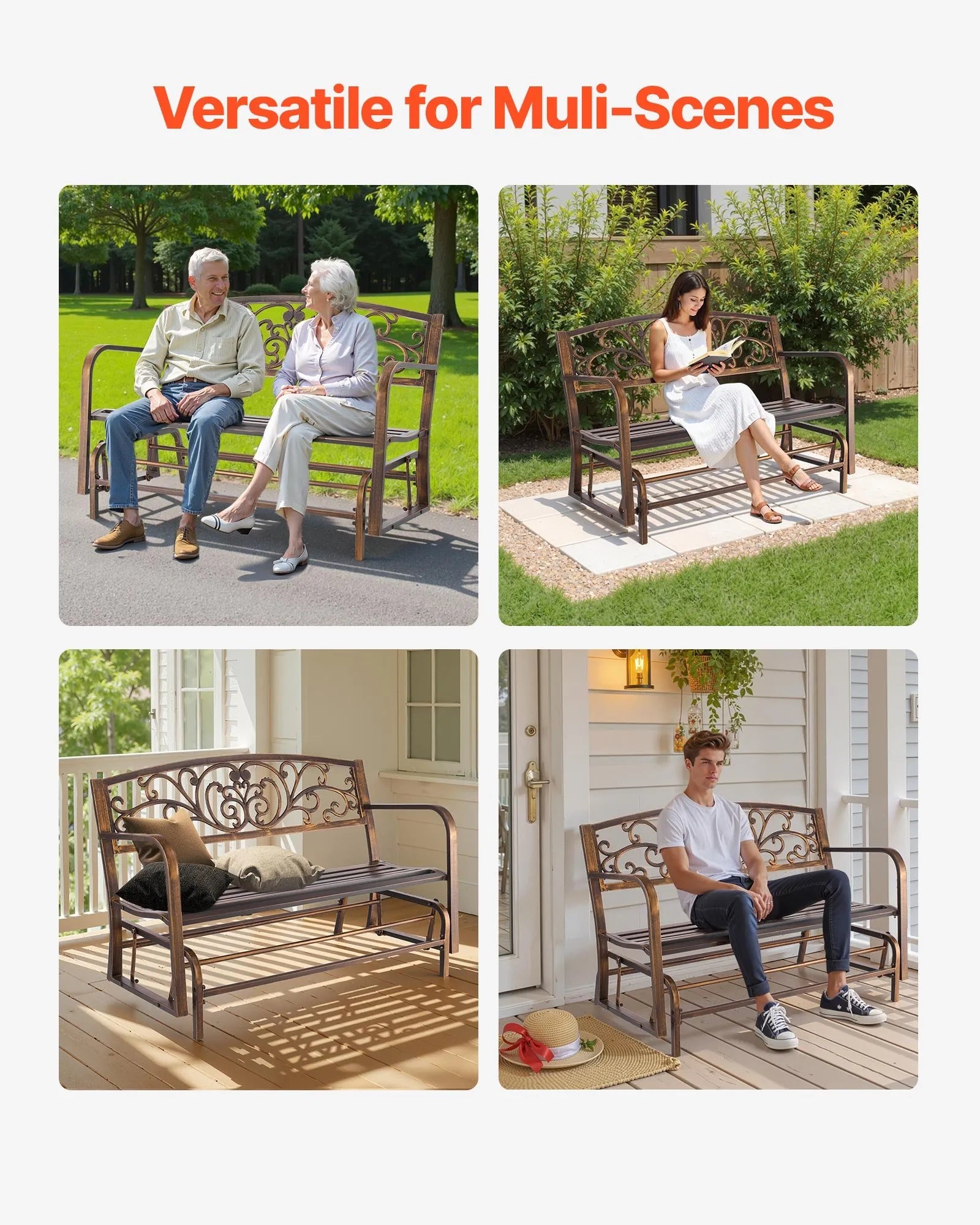 50" Outdoor Glider Bench, Antique Bronze Patio Bench with Cast Iron Backrest & Steel Frame