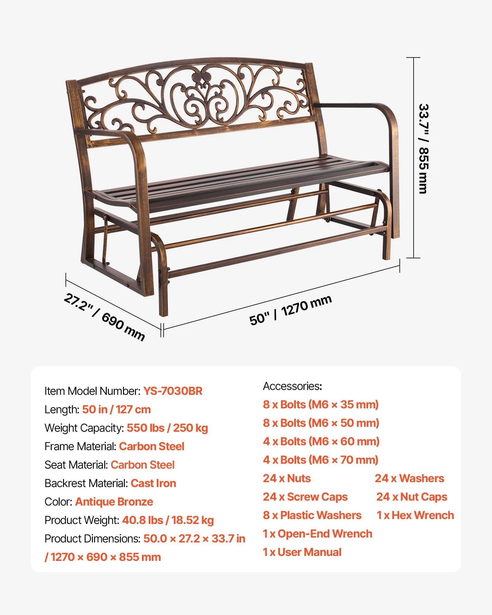 50" Outdoor Glider Bench, Antique Bronze Patio Bench with Cast Iron Backrest & Steel Frame