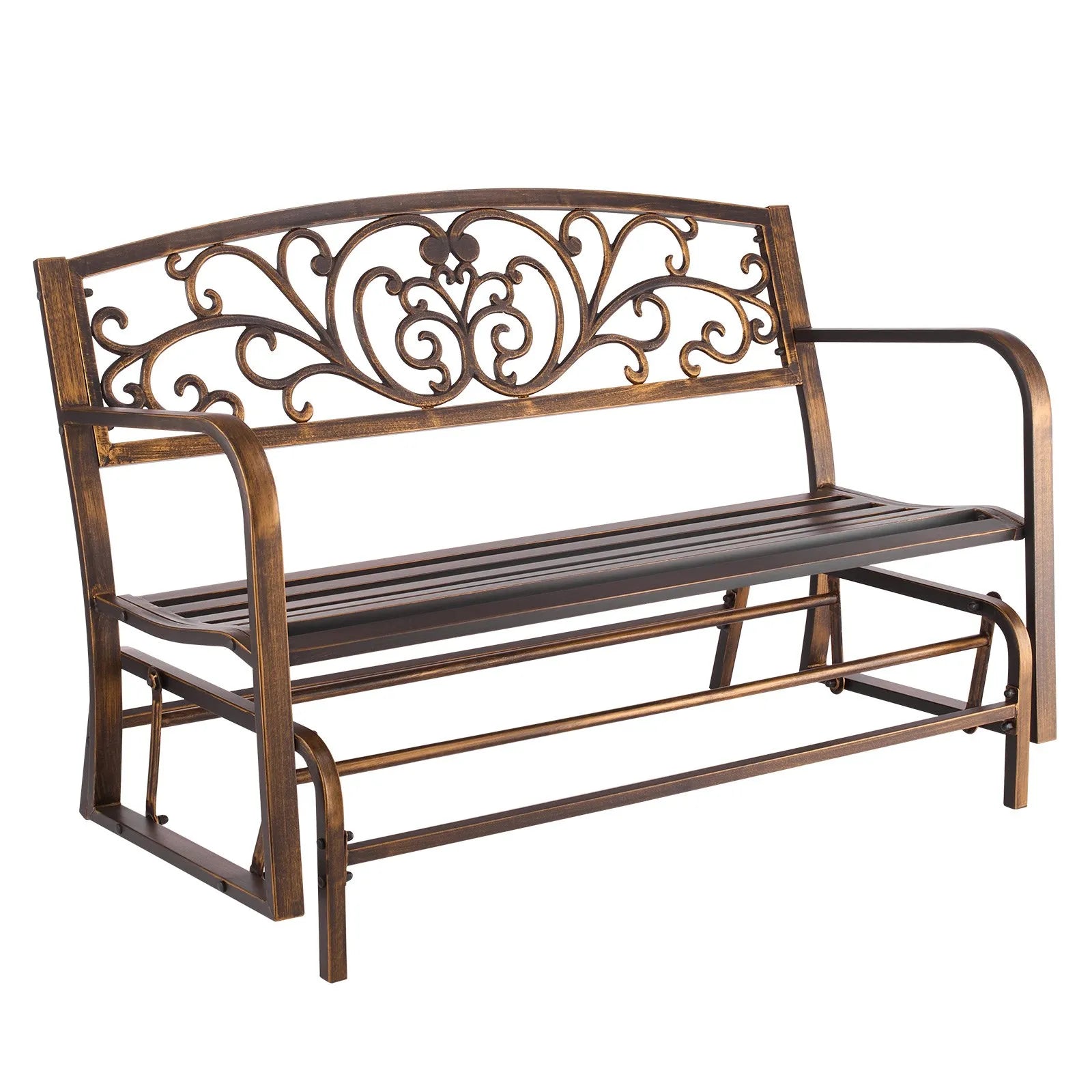 50" Outdoor Glider Bench, Antique Bronze Patio Bench with Cast Iron Backrest & Steel Frame