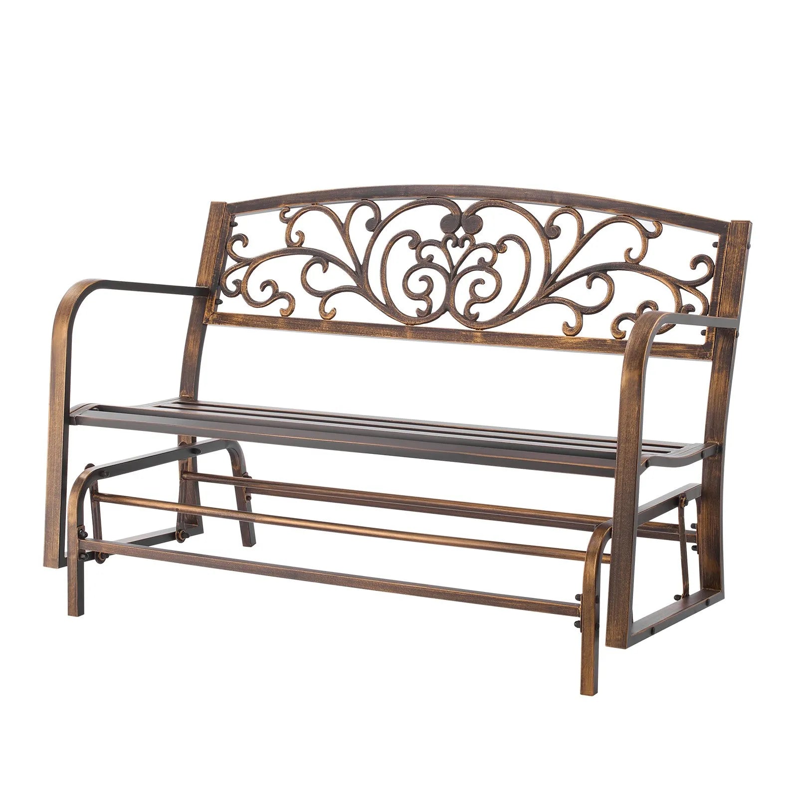 50" Outdoor Glider Bench, Antique Bronze Patio Bench with Cast Iron Backrest & Steel Frame