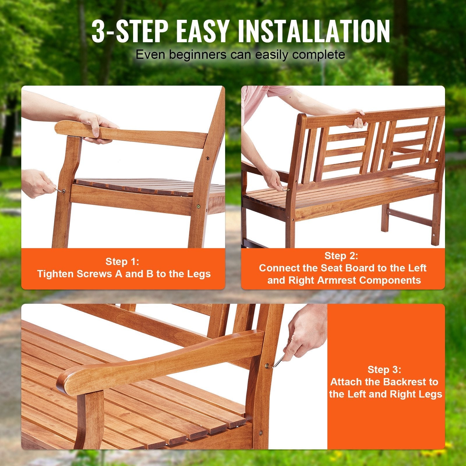 VEVOR Outdoor Bench, 48 inches Wood Garden Bench for Outdoors, 700 lbs Load Capacity Bench, Outdoor Garden Park Bench with Backrest and Armrests, Patio Bench for Garden, Park, Yard, Front Porch 