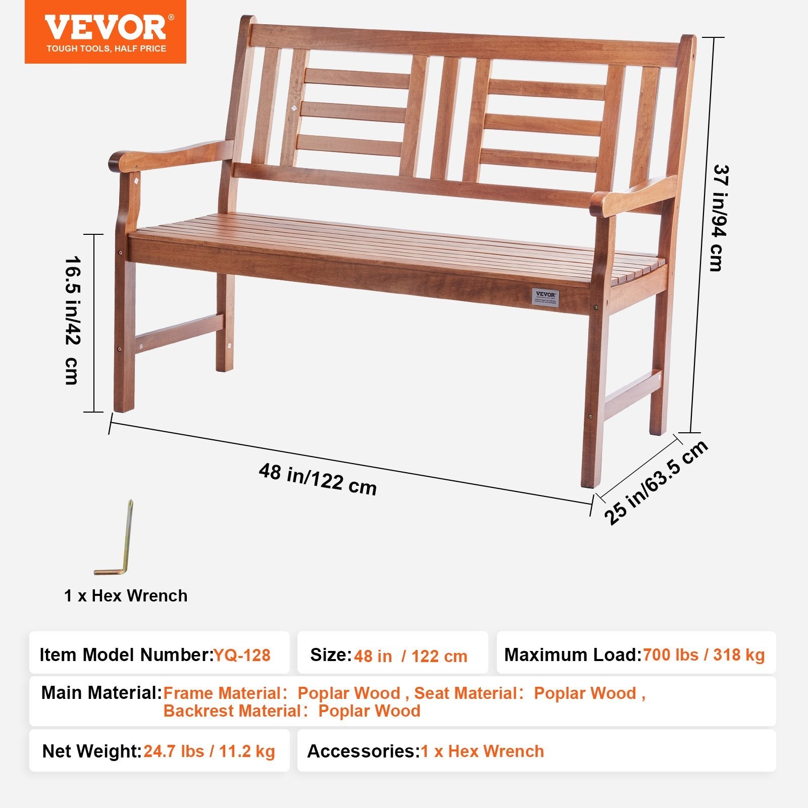 VEVOR Outdoor Bench, 48 inches Wood Garden Bench for Outdoors, 700 lbs Load Capacity Bench, Outdoor Garden Park Bench with Backrest and Armrests, Patio Bench for Garden, Park, Yard, Front Porch 