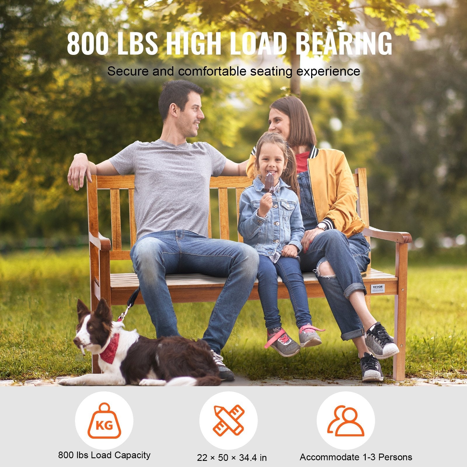 VEVOR Outdoor Bench, 50 inches Wood Garden Bench for Outdoors, 800 lbs Load Capacity Bench, Outdoor Garden Park Bench with Backrest and Armrests, Patio Bench for Garden, Park, Yard, Front Porch 