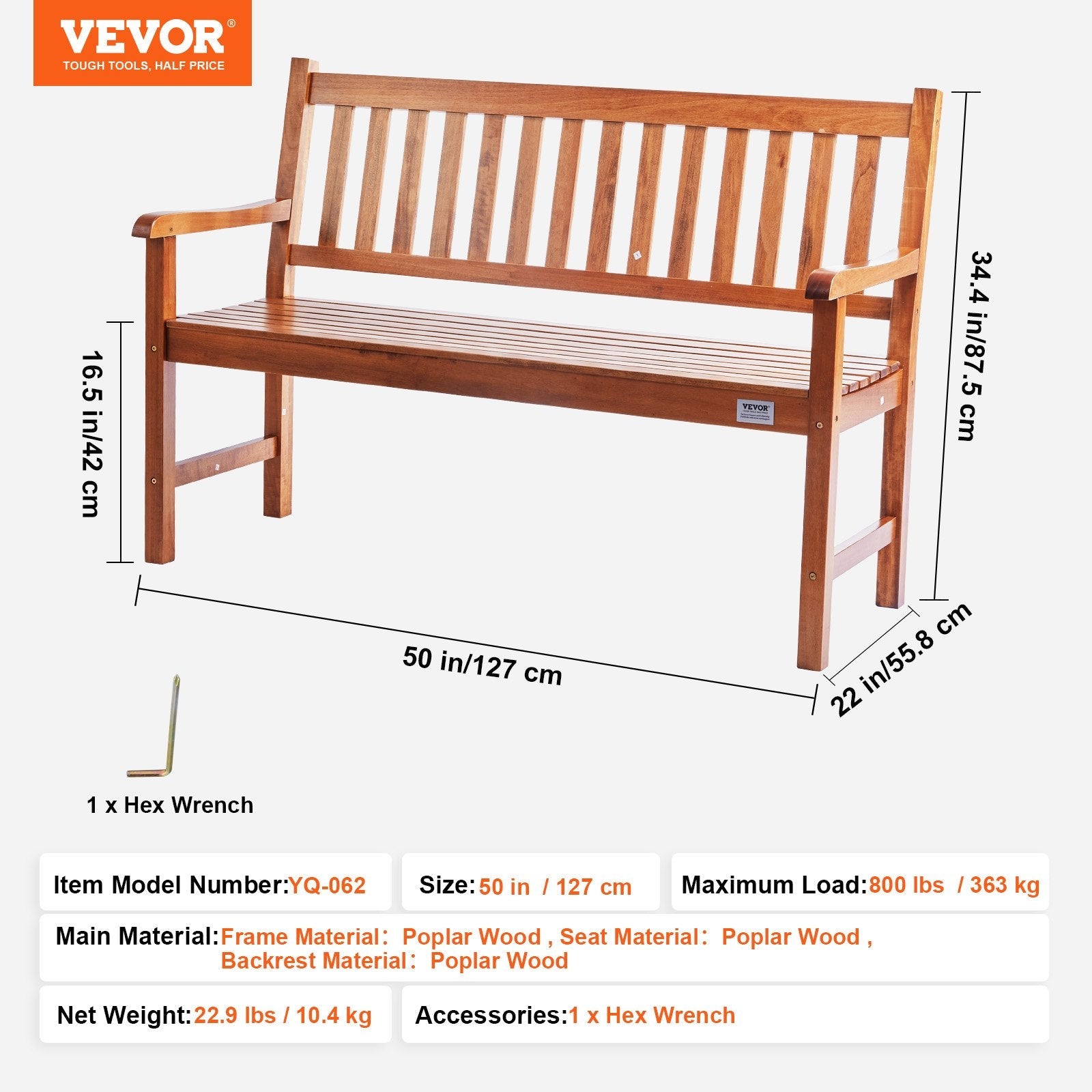 VEVOR Outdoor Bench, 50 inches Wood Garden Bench for Outdoors, 800 lbs Load Capacity Bench, Outdoor Garden Park Bench with Backrest and Armrests, Patio Bench for Garden, Park, Yard, Front Porch 