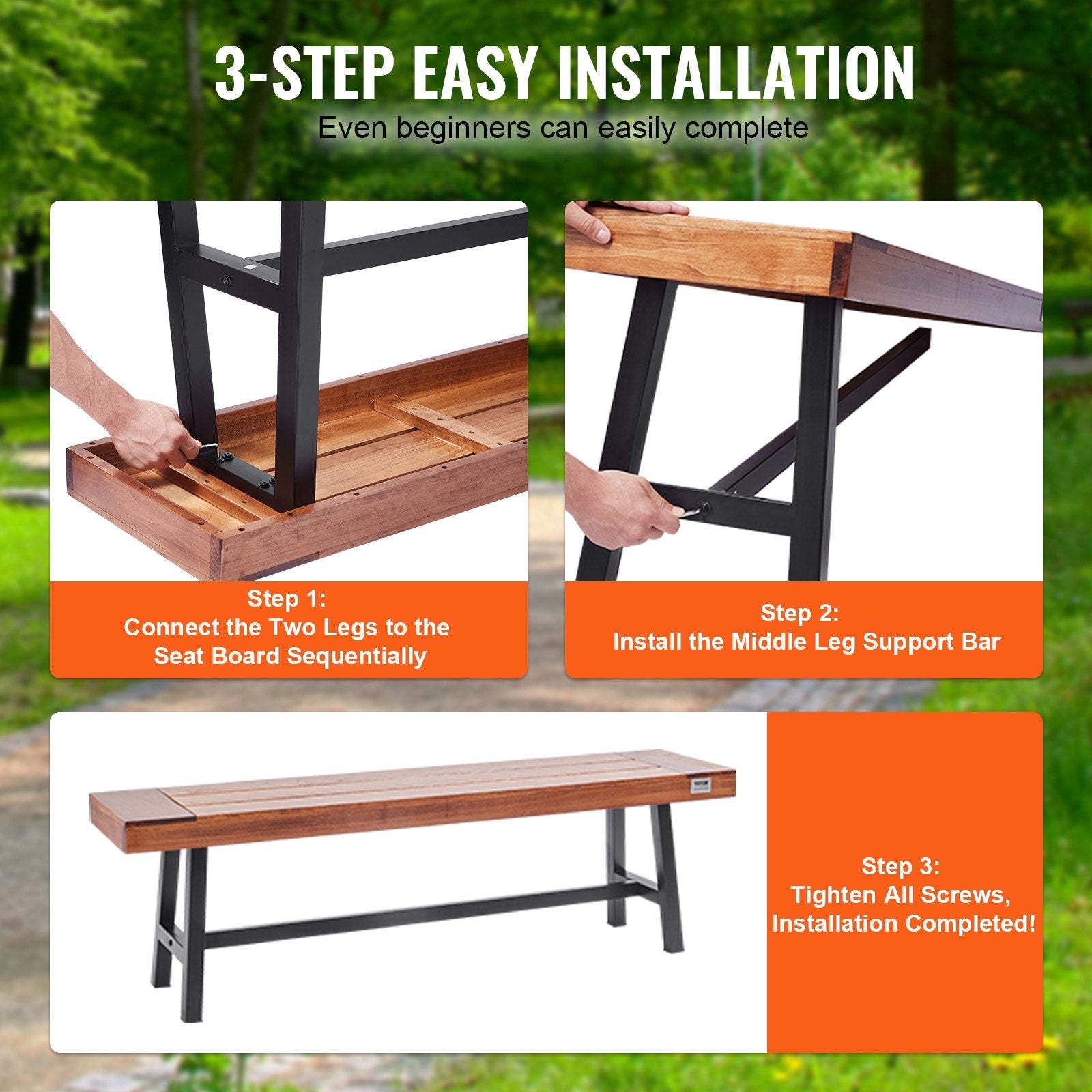 VEVOR Outdoor Bench, 63 inches Wood Garden Bench with Metal Leg for Outdoors, 500 lbs Load Capacity Bench, Outdoor Garden Park Bench, Dining Bench Patio Bench for Garden, Park, Yard, Front Porch 